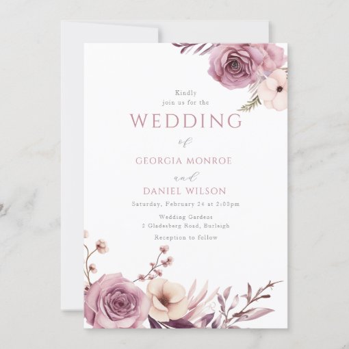 Elegant Dusty Rose Mauve Floral Wedding Invitation | Zazzle