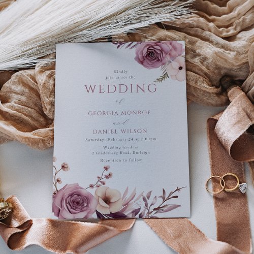 Elegant Dusty Rose Mauve Floral Wedding Invitation