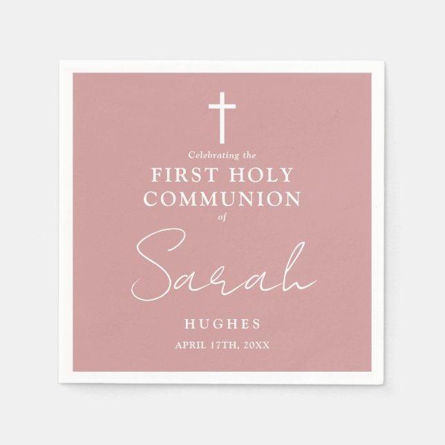 Elegant Dusty Rose Minimalist First Holy Communion Napkins (Front)