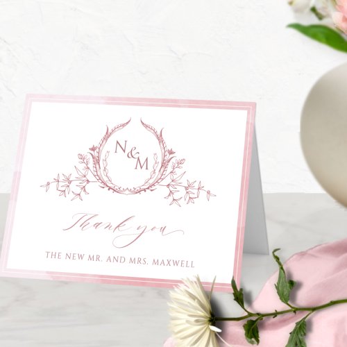 Elegant Dusty Rose Monogram Watercolor Wedding Thank You Card
