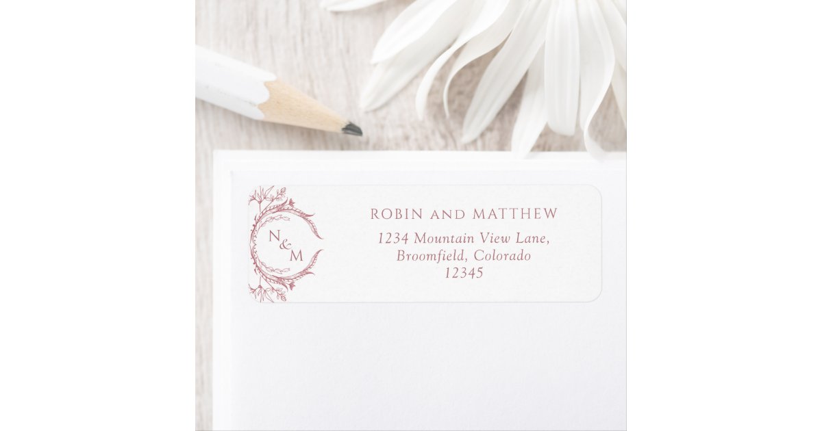 Elegant Dusty Rose Monogram Wedding Return Address Label | Zazzle