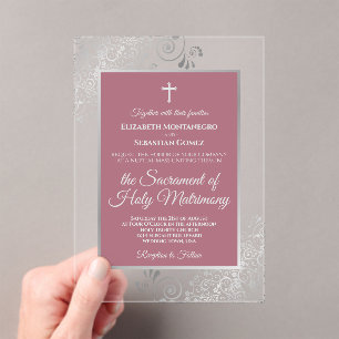 Elegant Dusty Rose Ornate Silver Catholic Wedding Acrylic Invitations