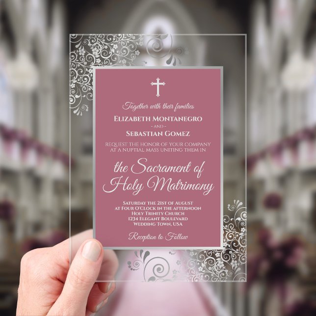 Elegant Dusty Rose Ornate Silver Catholic Wedding Acrylic Invitations (Creator Uploaded)