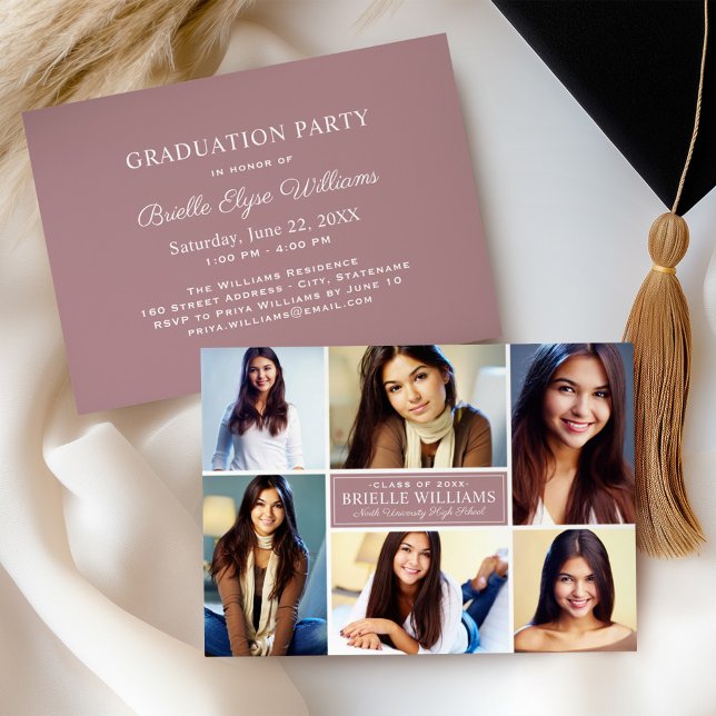 Elegant Dusty Rose Photo Collage Graduation Party Invitation (Creator Uploaded)