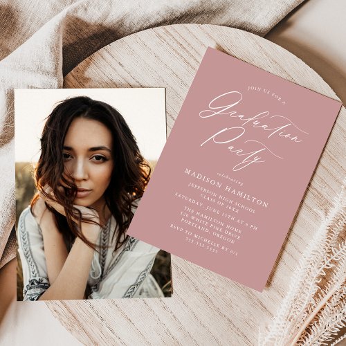 Elegant Dusty Rose Photo Graduation Party Invitation