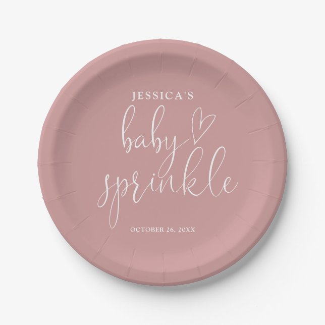 Elegant Dusty Rose Pink Baby Sprinkle Shower Paper Plates (Front)