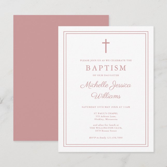 Elegant Dusty Rose Pink Border Baptism Invitation Postcard (Front/Back)