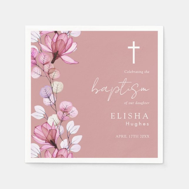 Elegant Dusty Rose Pink Elegant Floral Baptism Napkins (Front)
