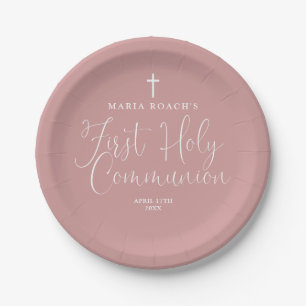 Elegant Dusty Rose Pink First Holy Communion Paper Plates