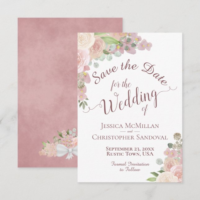 Elegant Dusty Rose Pink Floral Boho Wedding Save The Date (Front/Back)