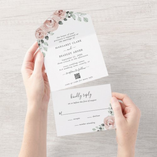 Elegant Dusty Rose Pink Floral QR Code Wedding All In One Invitation