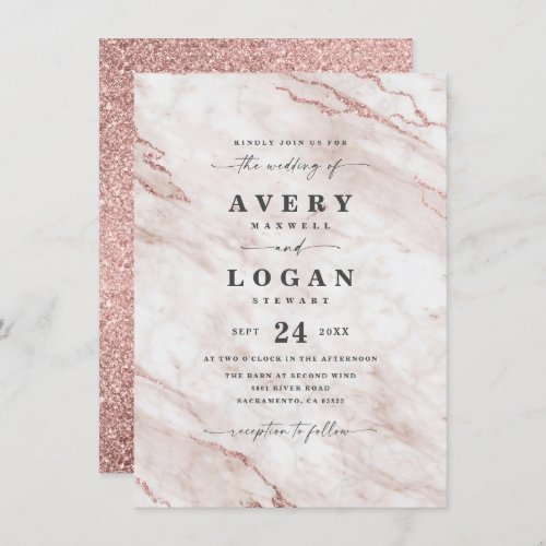 Elegant Dusty Rose Pink Marble  Glitter Wedding Invitation