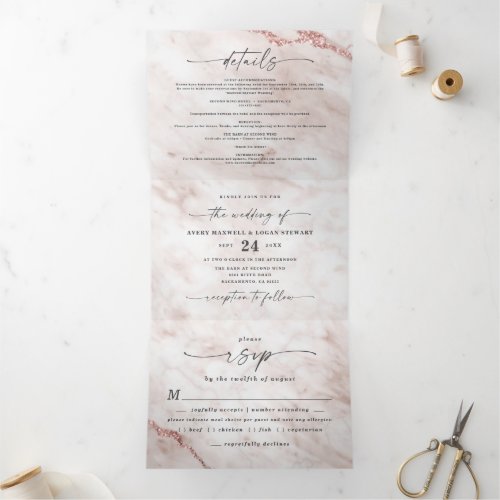 Elegant Dusty Rose Pink Metallic Marble Wedding Tri_Fold Invitation