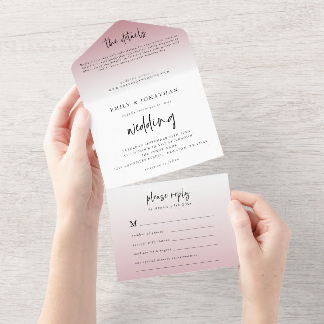 Elegant Dusty Rose Script Wedding All In One Invitation (Tearaway)