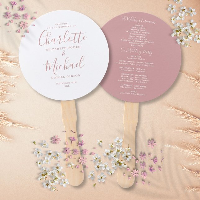 Elegant Dusty Rose Script Wedding Program Hand Fan (Creator Uploaded)