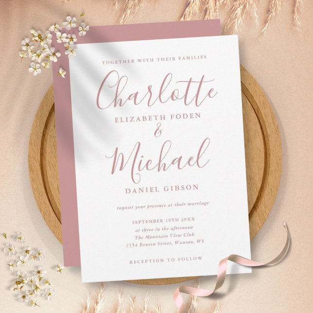 Elegant Dusty Rose Signature Script Wedding Invitation (Creator Uploaded)