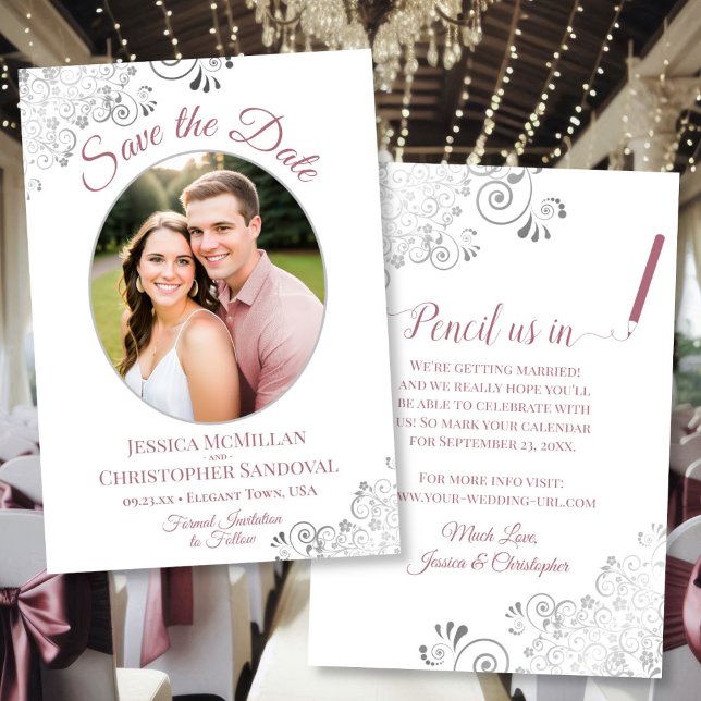 Elegant Dusty Rose & Silver Oval Photo Wedding Save The Date (Front/Back)