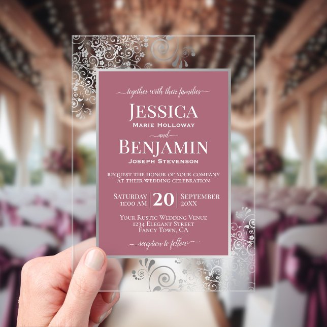 Elegant Dusty Rose & Silver Stylish Text Wedding Acrylic Invitations (Creator Uploaded)