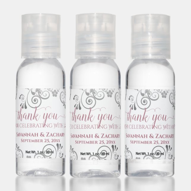 Elegant Dusty Rose & Silver Wedding Thank You Hand Sanitizer (Set)