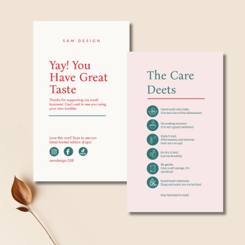 Elegant Dusty Rose Social Media Tumbler Care Card