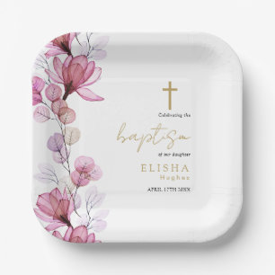 Elegant Dusty Rose Transparent Floral Baptism Paper Plates