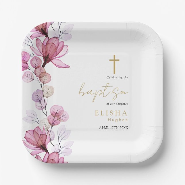 Elegant Dusty Rose Transparent Floral Baptism Paper Plates (Front)