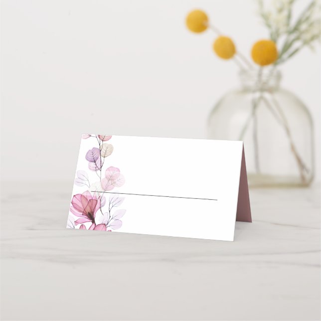 Elegant Dusty Rose Transparent Floral Wedding Place Card (Front)