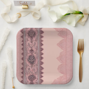 Elegant Dusty Rose Vintage Lace Border Wedding Paper Plates