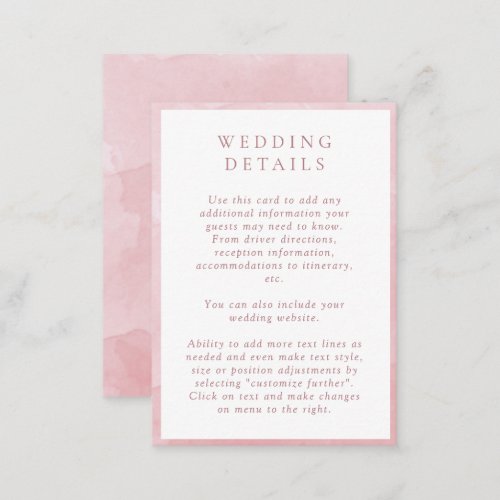 Elegant Dusty Rose Watercolor Wedding Details Enclosure Card