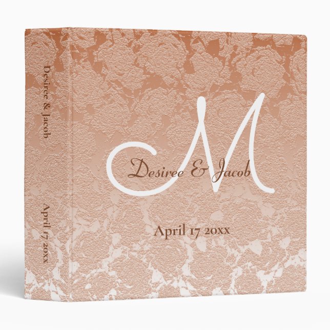 Elegant Dusty Rose White Brown Wedding Monogram 3 Ring Binder (Front/Spine)