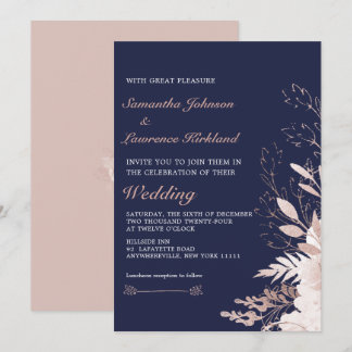 Elegant Dusty Rose White Floral Navy Blue Wedding Invitation