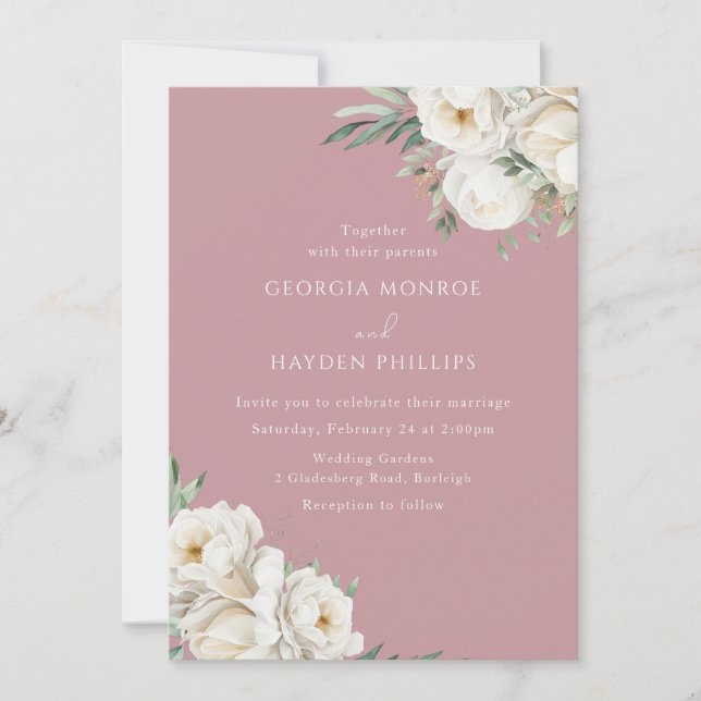Elegant Dusty Rose &  White Floral Wedding Invitation (Front)