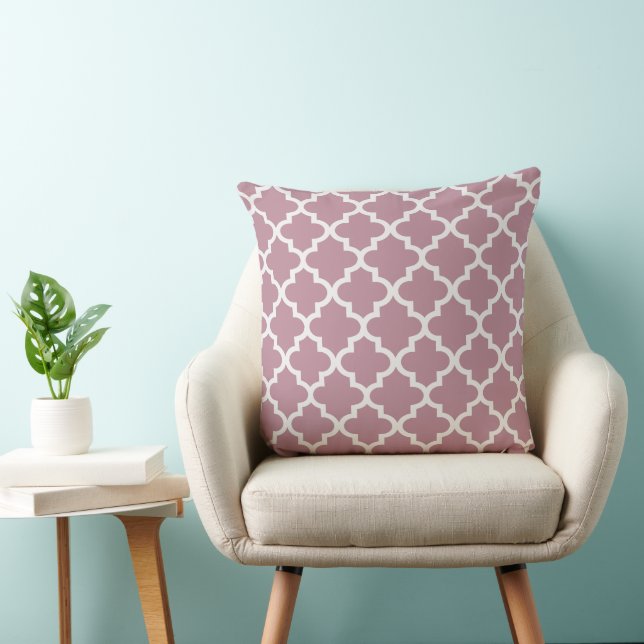 Elegant Dusty Rose White Quatrefoil Trellis Throw Pillow (Chair)