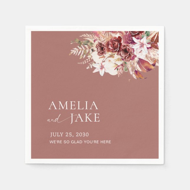 Elegant Dusty Rosewood Floral Wedding Napkins (Front)
