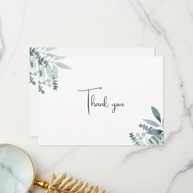 Elegant Dusty Sage Green Watercolor Greenery Thank You Card (Front/Back In Situ)