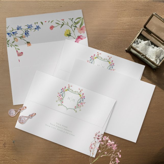 Elegant Dusty Sage Pastel Wildflower Crest Wedding Envelope (Creator Uploaded)