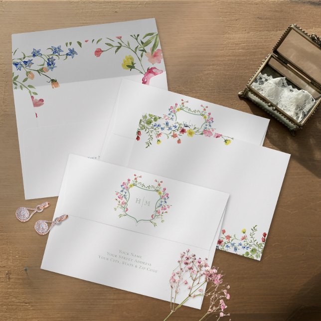 Elegant Dusty Sage Pastel Wildflower Crest Wedding Envelope (Creator Uploaded)