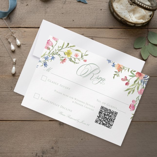 Elegant Dusty Sage Pastel Wildflower Crest Wedding RSVP Card (Creator Uploaded)