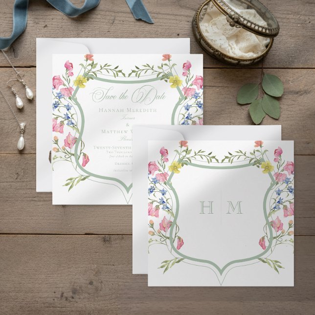 Elegant Dusty Sage Pastel Wildflower Crest Wedding Save The Date (Creator Uploaded)
