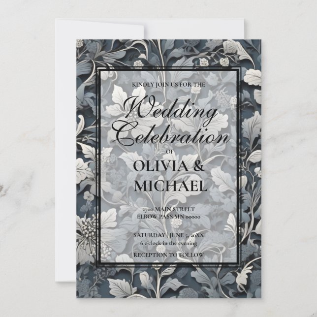 Elegant dusty silver white gray floral Wedding Invitation (Front)
