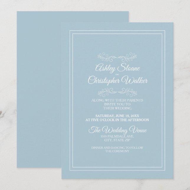 Elegant Dusty Sky Blue White Wedding Invitation (Front/Back)