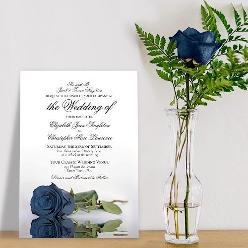 Elegant Dusty Steel Blue Gray Rose Formal Wedding Invitation