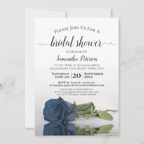 Elegant Dusty Steel Blue Rose Bridal Shower Invitation