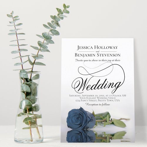 Elegant Dusty Steel Blue Rose Fancy Script Wedding Invitation