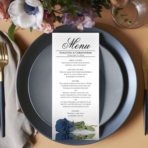 Elegant Dusty Steel Blue Rose Reflections Wedding Menu