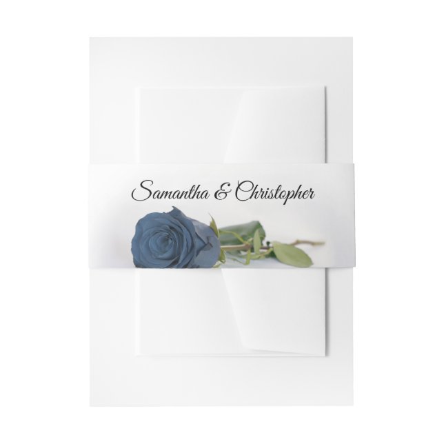 Elegant Dusty Steel Blue Rose Simple Glam Wedding Invitation Belly Band (Front Example)