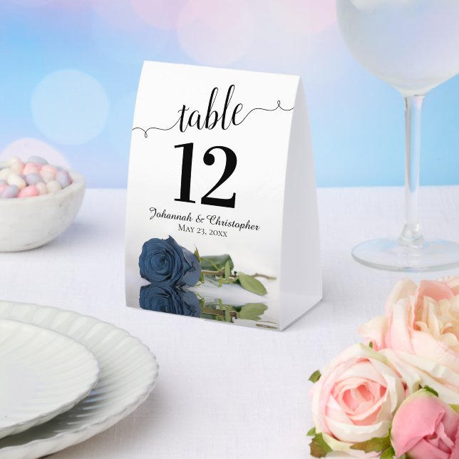 Elegant Dusty Steel Blue Rose Wedding Table Number Paper Table Tent (Insitu(Wedding))