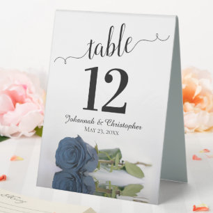 Elegant Dusty Steel Blue Rose Wedding Table Number Table Tent