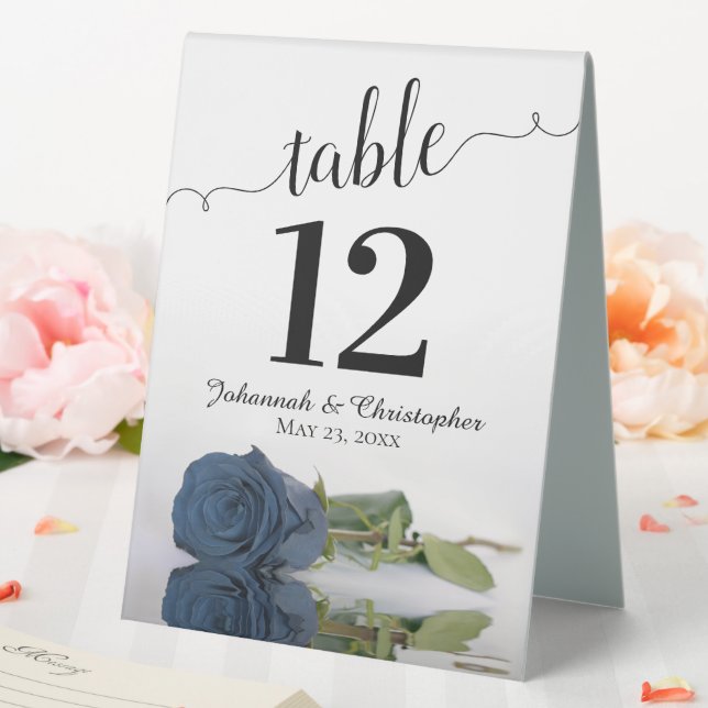 Elegant Dusty Steel Blue Rose Wedding Table Number Table Tent (In SItu (Wedding))