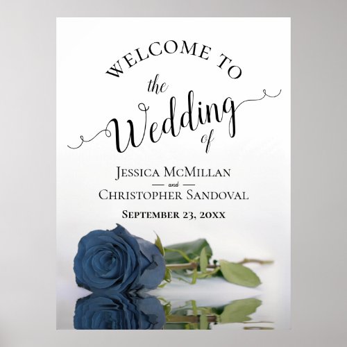 Elegant Dusty Steel Blue Rose Wedding Welcome Poster